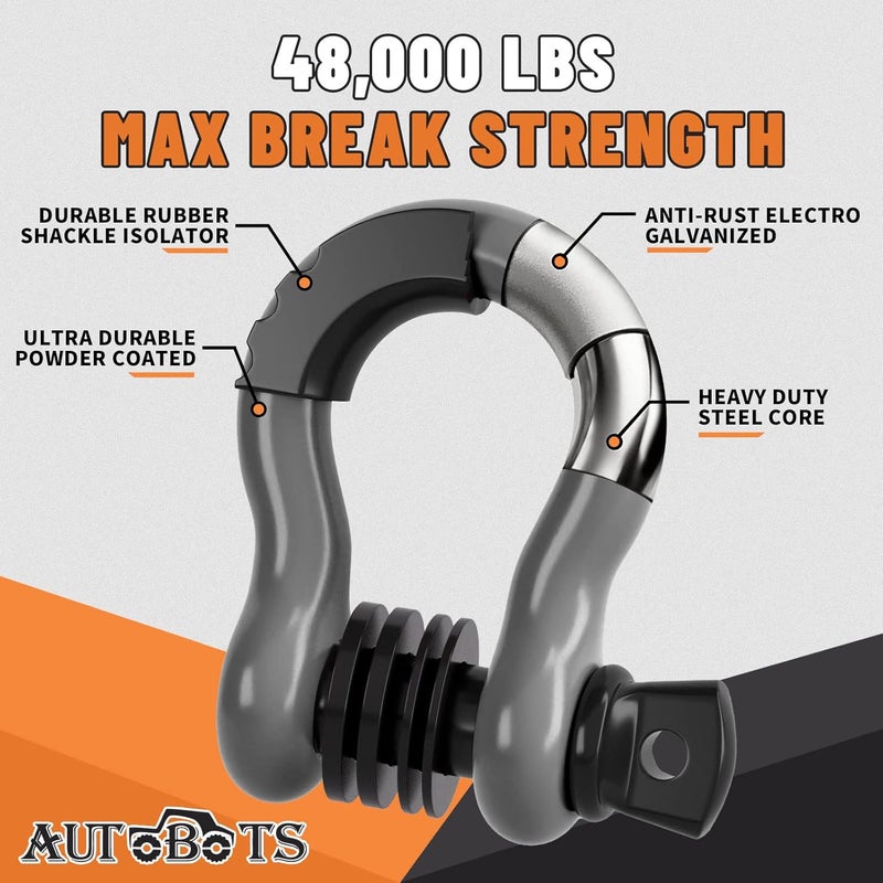 AUTOBOTS Bow Shackles 3/4" D Ring Shackle (2 Pack), 48,000Ib Break Strength with 7/8" Pin, 2 Isolator and 4 Washers Kit for Offroad Vehicle Truck Recovery Gray - Image 2