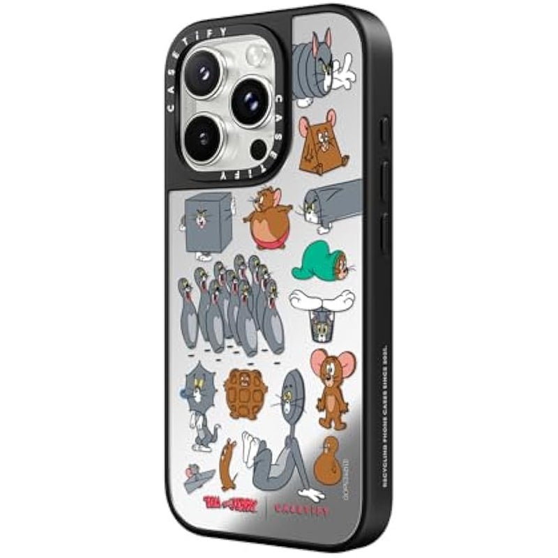 كاستيفي كاسيتي جراب عاكس لموبايل ايفون 16 برو 【توم وجيري كولاب/عاكس/ حماية من السقوط بطول 5 قدم/ متوافق مع ماج سيف】 - ملصق بنمط - فضي على اسود - Image 4