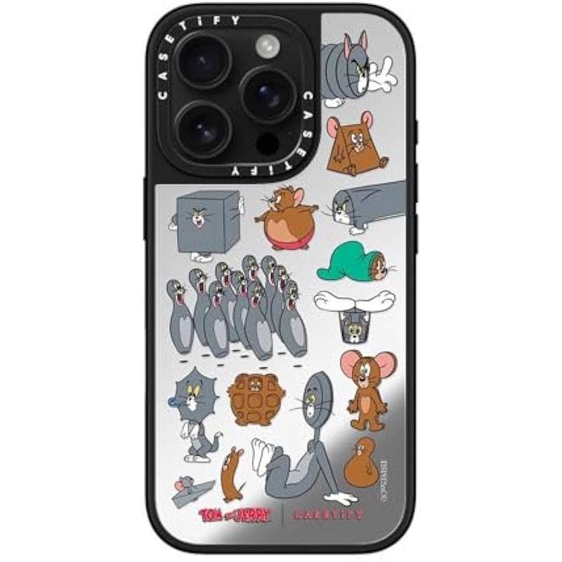 كاستيفي كاسيتي جراب عاكس لموبايل ايفون 16 برو 【توم وجيري كولاب/عاكس/ حماية من السقوط بطول 5 قدم/ متوافق مع ماج سيف】 - ملصق بنمط - فضي على اسود - Image 1