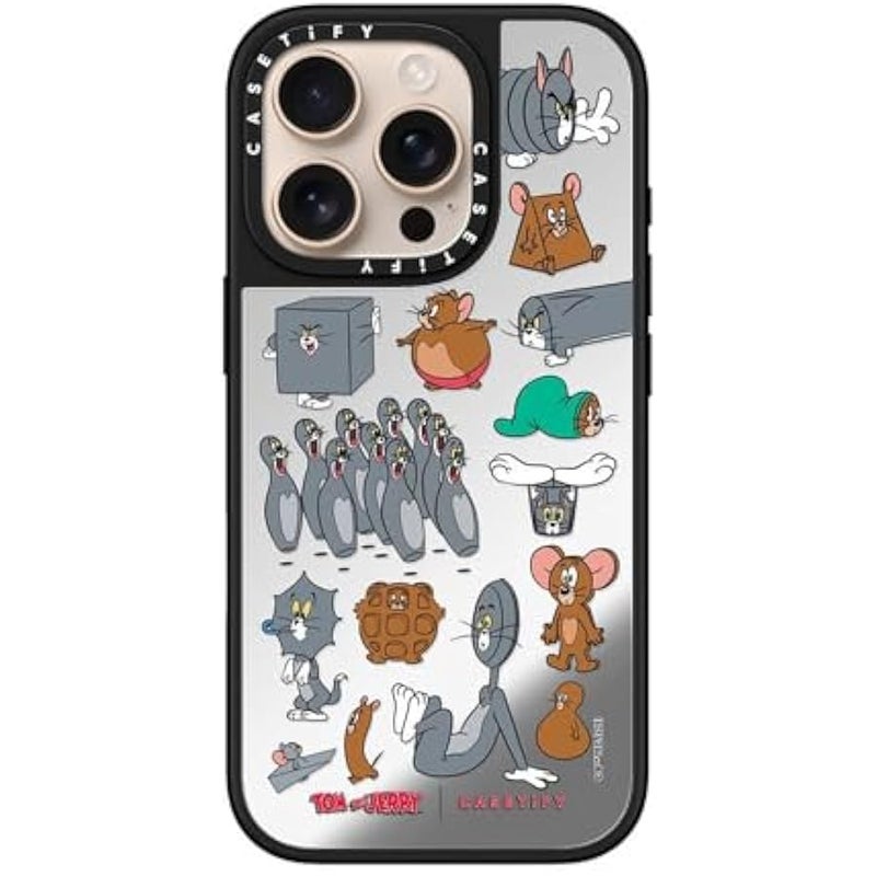 كاستيفي كاسيتي جراب عاكس لموبايل ايفون 16 برو 【توم وجيري كولاب/عاكس/ حماية من السقوط بطول 5 قدم/ متوافق مع ماج سيف】 - ملصق بنمط - فضي على اسود - Image 3