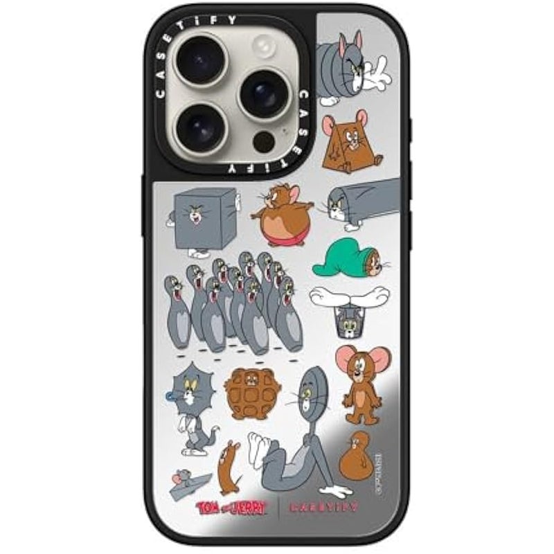 كاستيفي كاسيتي جراب عاكس لموبايل ايفون 16 برو 【توم وجيري كولاب/عاكس/ حماية من السقوط بطول 5 قدم/ متوافق مع ماج سيف】 - ملصق بنمط - فضي على اسود - Image 2