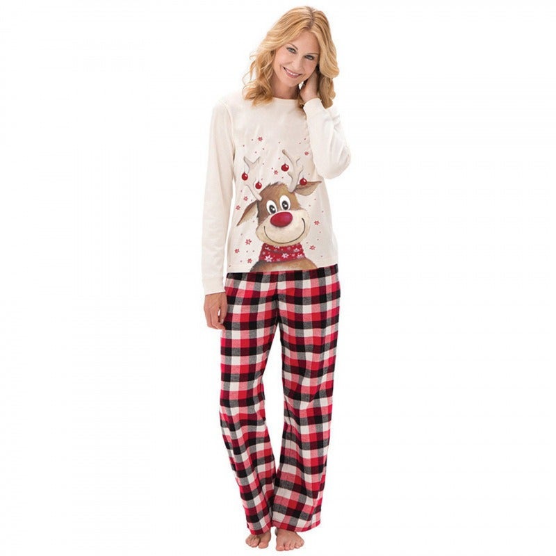 Cross-Border European and American Style Christmas Elk Print Family Pajama Set - Long Sleeve, Cotton-Like Fabric, Perfect for Winter and Autumn