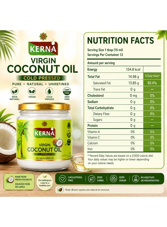 Kerna Virgin Coconut Oil 200 ml | Cold Pressed 100% Coconut Oil | Natural Coconut Oil for Cooking, Frying & Daily Use - Image 4