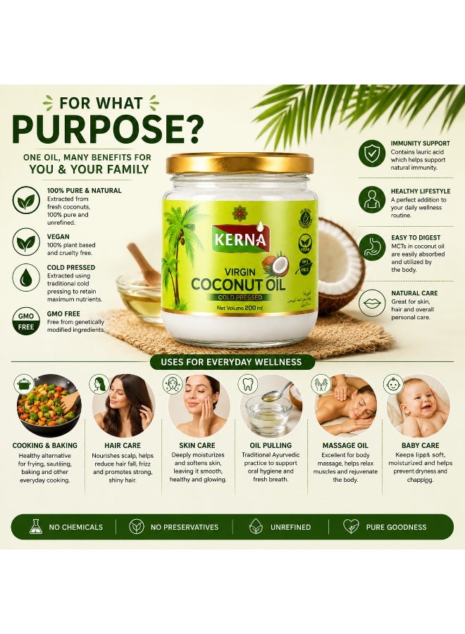 Kerna Virgin Coconut Oil 200 ml | Cold Pressed 100% Coconut Oil | Natural Coconut Oil for Cooking, Frying & Daily Use - Image 3