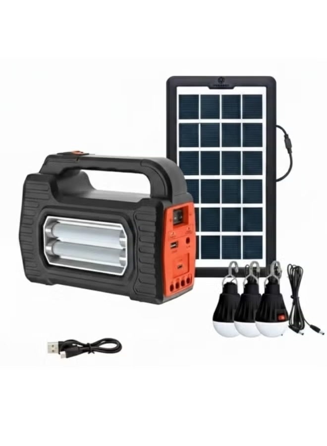 A portable solar power system with a charging panel, LED flashlight, and three light bulbs. Suitable for camping, hiking, and travel. - Image 1