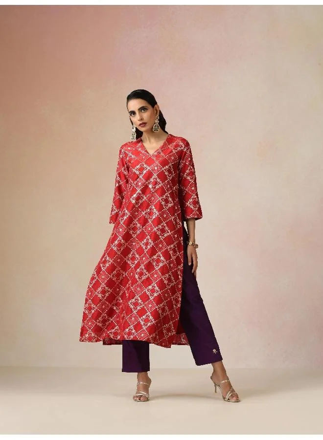 trueBrowns trueBrowns Red Brocade Straight High-Slit Kurta Set