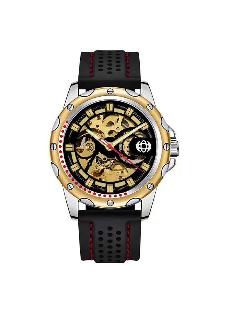 Generic Mens Skeleton Automatic Watch Silicone Strap Golden black surface gold core tape 