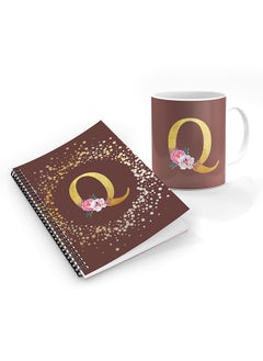 Stylizedd Printed Coffee Mug + A5 Spiral Notebook Memo Personalised Combo Gift Set Custom Monogram Initial Letter Floral Pattern Alphabet - Q  (Brown ) 