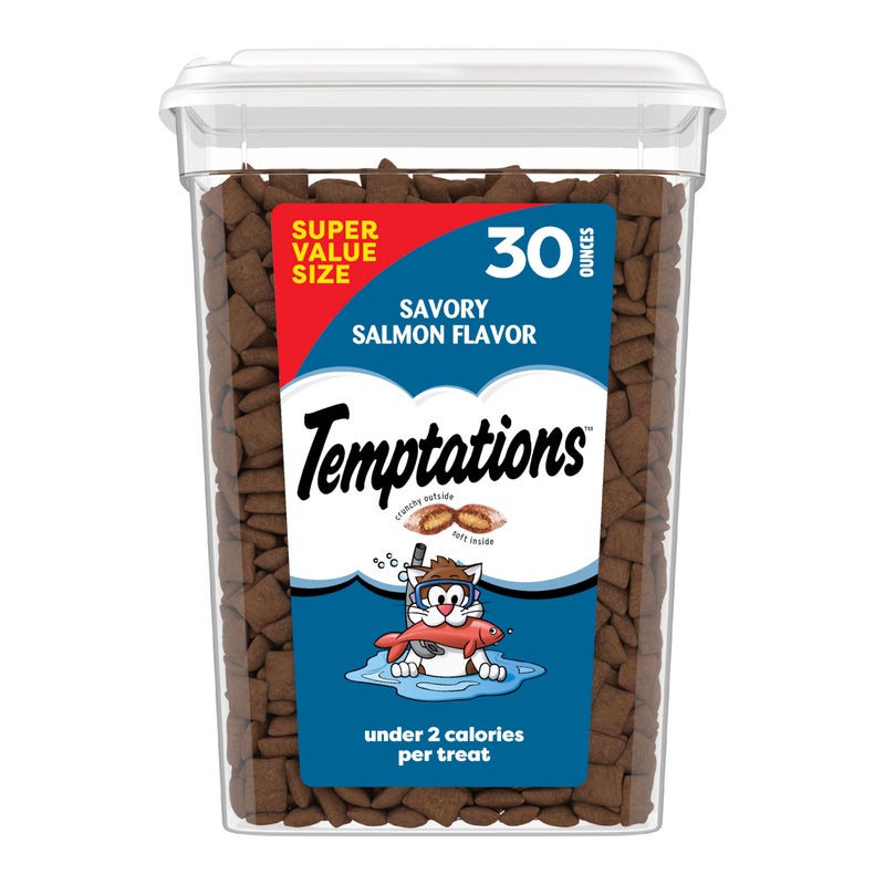 Temptations Cat Treats Classic Crunchy and Soft Cat Treats, Savory Salmon Flavor, 30 oz. Tub - Image 1