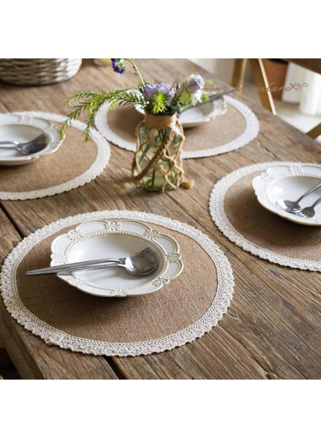 Burlap Round Braided Placemats Set of 12 for Dining Tables 15 Inch Heat Resistant Jute Table Mats Farmhouse Woven Fabric Natural Place mats for Fall Decoration(Cotton Lace) - Image 4