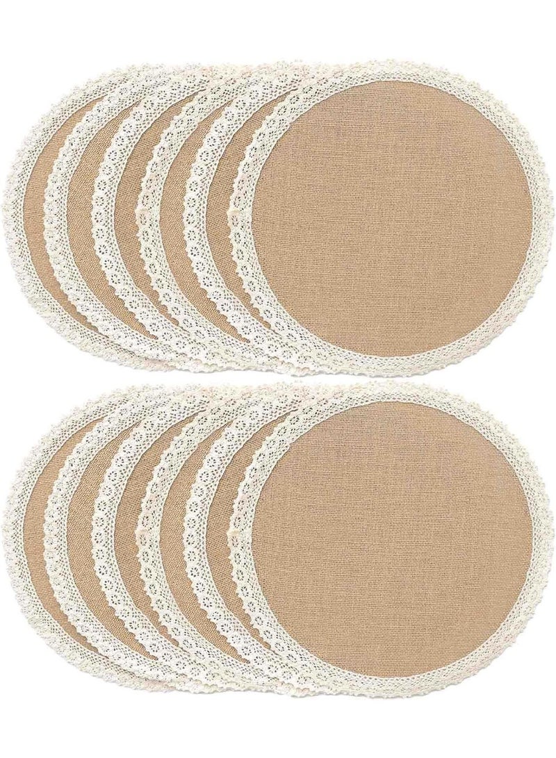 Burlap Round Braided Placemats Set of 12 for Dining Tables 15 Inch Heat Resistant Jute Table Mats Farmhouse Woven Fabric Natural Place mats for Fall Decoration(Cotton Lace) - Image 1