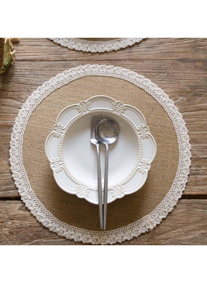 Burlap Round Braided Placemats Set of 12 for Dining Tables 15 Inch Heat Resistant Jute Table Mats Farmhouse Woven Fabric Natural Place mats for Fall Decoration(Cotton Lace) - Image 3