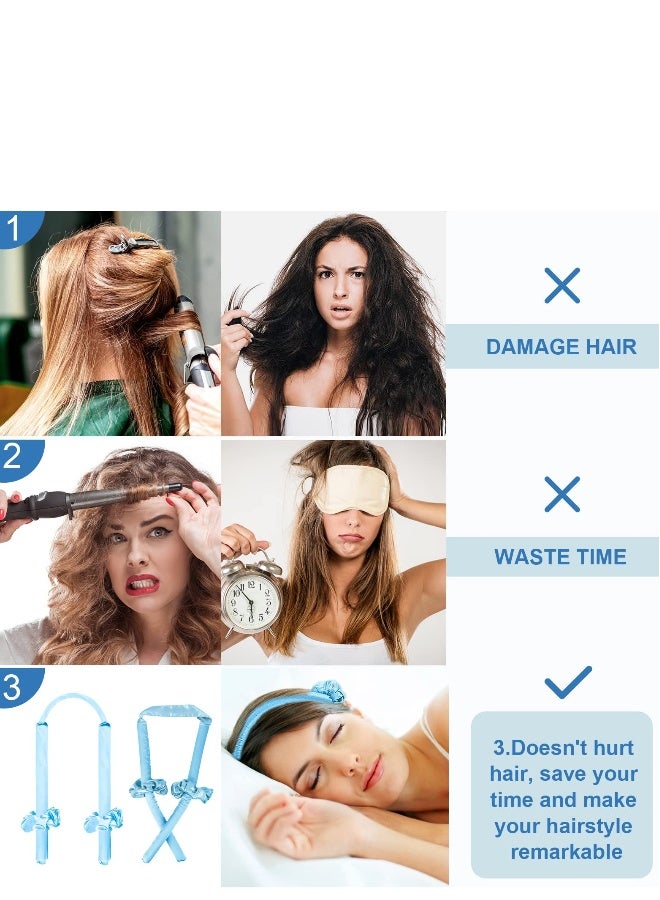 Generic Healtless Hair Curlers for Long Hair, No Heat Curl Ribbon Design with Hair Clips and Scrunchie, Overnight Silk Heatless Curls Headband, Soft Heatless Curling Rod Headband for Natural Hair (Blue) - Image 3