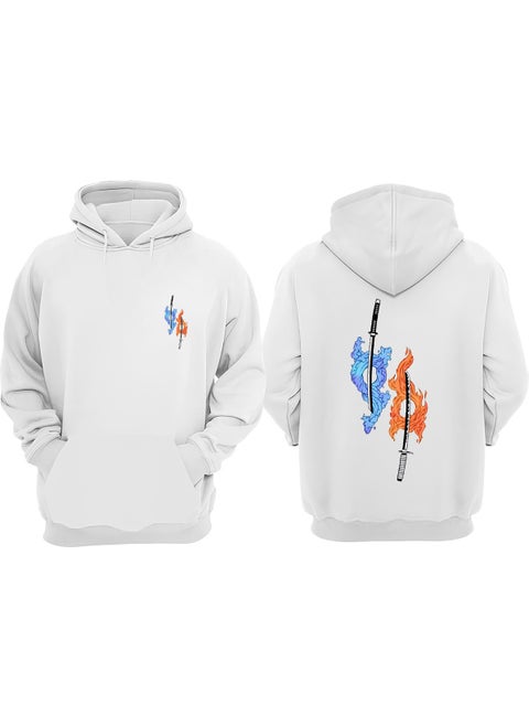 Unisex Blue and Orange Samurai Sword Design Front Back Printed Regular Fit White Sweatshirt