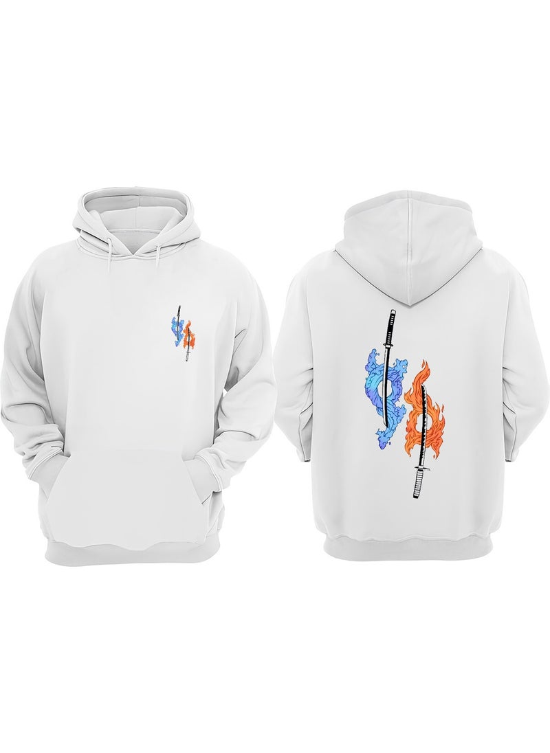 The Wert - Unisex Blue and Orange Samurai Sword Design Front Back Printed Regular Fit White Sweatshirt - Image 1