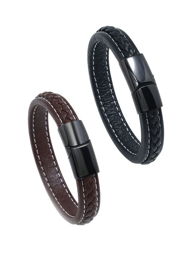 وهاواي 2PCS Mens Leather Bracelets Premium Braided Leather Bracelets for Men with Stainless Steel Magnetic Clasp Braided Bracelets for Men Leather Cuff Mens Boys Bracelet - Image 1