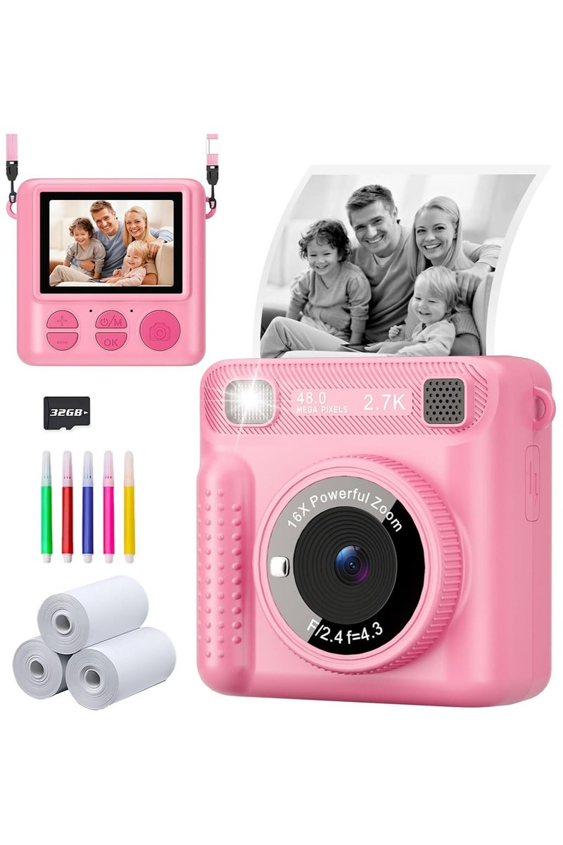 Oasisgalore Kids Instant Print Camera - 1080P HD Selfie, 32GB SD Card & Print Paper | Birthday Gift for Girls & Boys Ages 3-12 (Pink) - Image 1