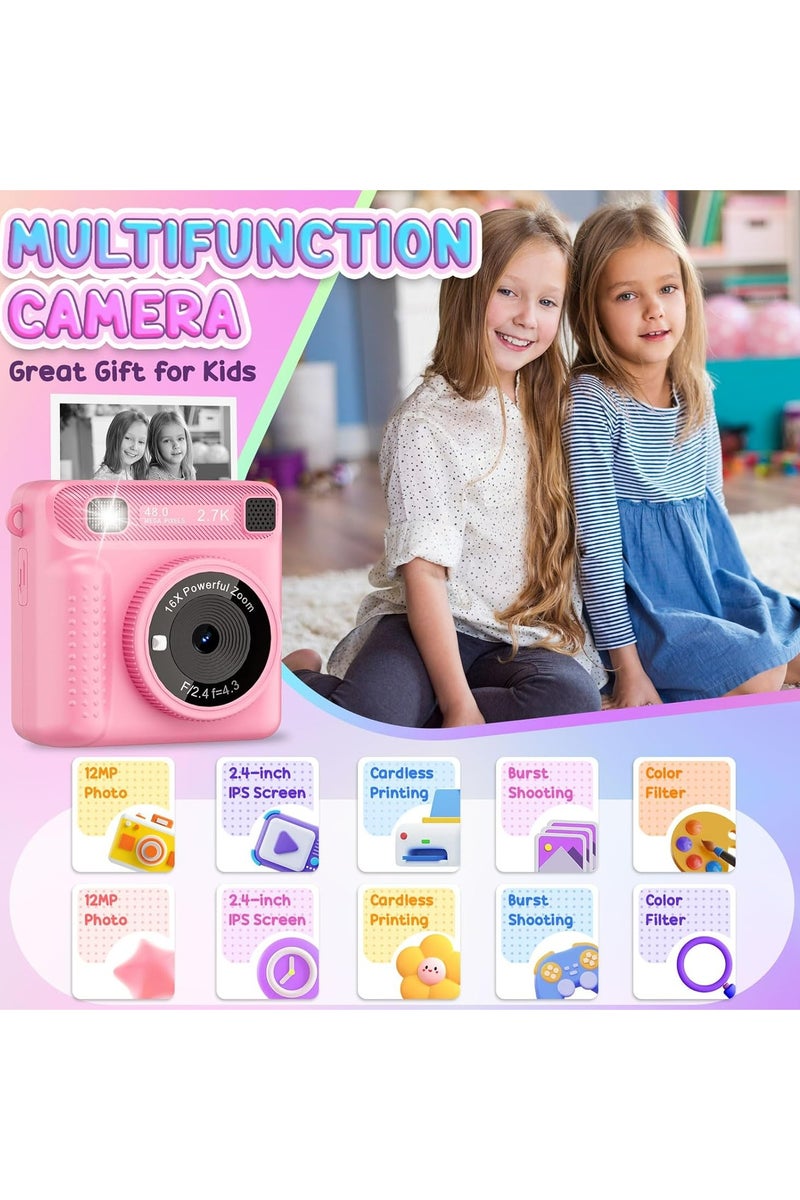 Oasisgalore Kids Instant Print Camera - 1080P HD Selfie, 32GB SD Card & Print Paper | Birthday Gift for Girls & Boys Ages 3-12 (Pink) - Image 2