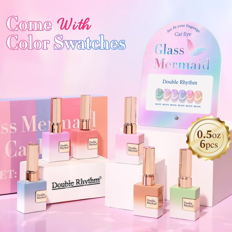 Double Rhythm Cat Eye Gel Nail Polish Set of 6 Same Color Same Bottle 0.5 Oz Shimmer Glitter with Magnet Holographic Reflective Magnetic UV Nail Polish Kit at Home (Mermaid Pink Rose-T6-31) - Image 2