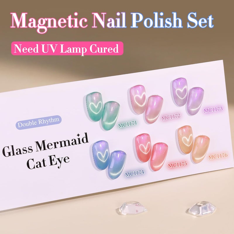 Double Rhythm Cat Eye Gel Nail Polish Set of 6 Same Color Same Bottle 0.5 Oz Shimmer Glitter with Magnet Holographic Reflective Magnetic UV Nail Polish Kit at Home (Mermaid Pink Rose-T6-31) - Image 3