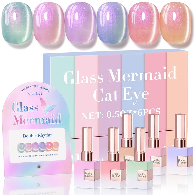 Double Rhythm Cat Eye Gel Nail Polish Set of 6 Same Color Same Bottle 0.5 Oz Shimmer Glitter with Magnet Holographic Reflective Magnetic UV Nail Polish Kit at Home (Mermaid Pink Rose-T6-31) - Image 1
