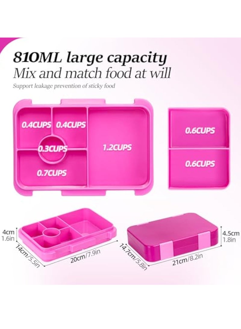 Arabest صندوق غداء بنتو مع 6 أقسام، صندوق غداء مقاوم للتسرب لوجبات الأطفال، حاويات تعبئة الوجبات والوجبات الخفيفة القابلة لإعادة الاستخدام خالية من BPA، فوشيا - Image 2