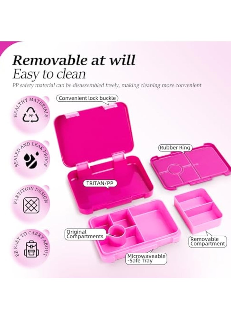 Arabest صندوق غداء بنتو مع 6 أقسام، صندوق غداء مقاوم للتسرب لوجبات الأطفال، حاويات تعبئة الوجبات والوجبات الخفيفة القابلة لإعادة الاستخدام خالية من BPA، فوشيا - Image 3