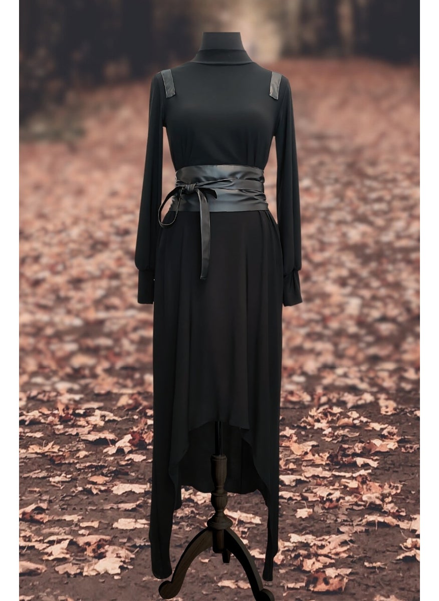Due Stelle Black Asymmetric Gothic Dress - Long Sleeves, Long Corset Belt Detail  - Image 1