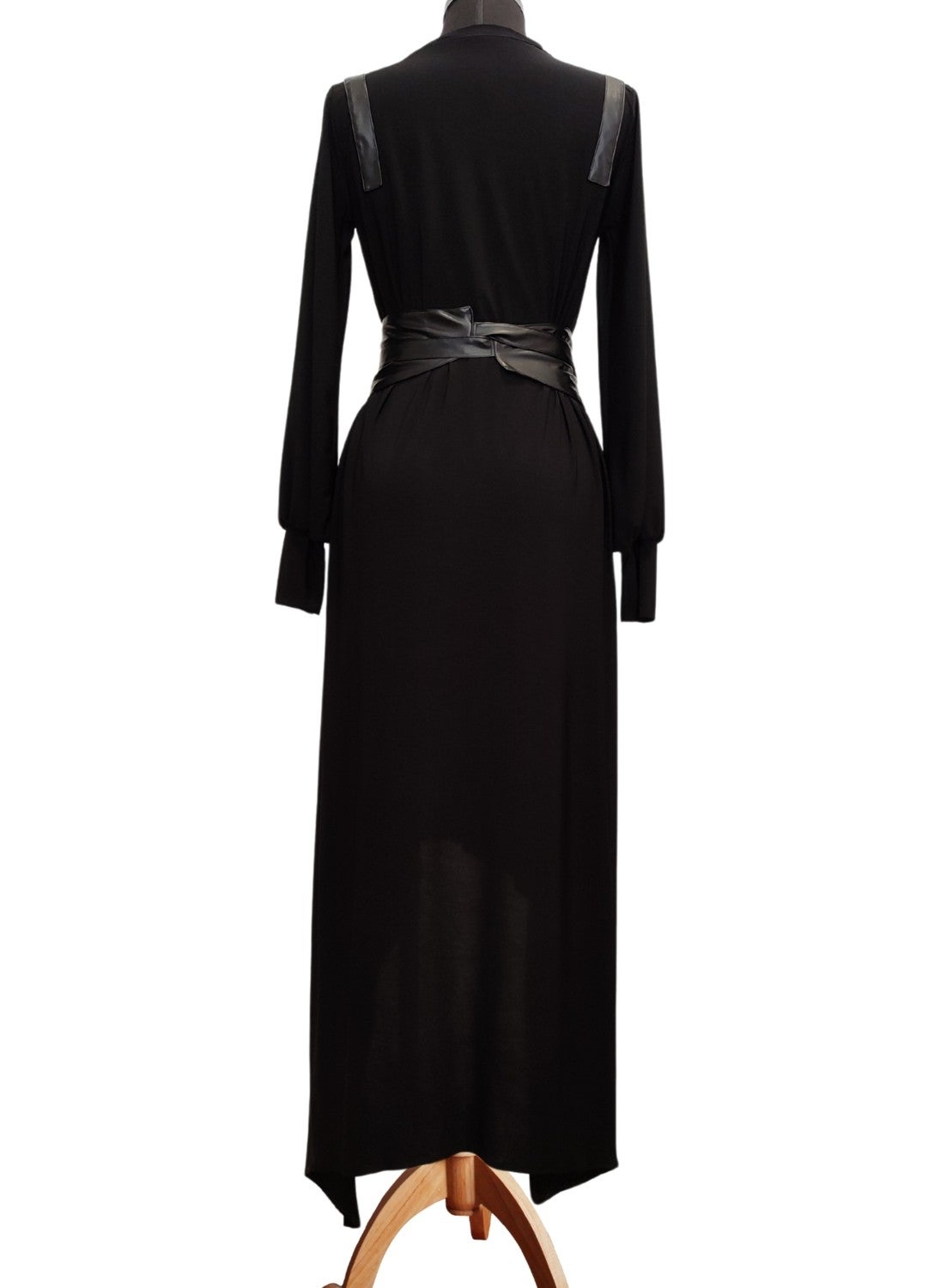 Due Stelle Black Asymmetric Gothic Dress - Long Sleeves, Long Corset Belt Detail  - Image 2