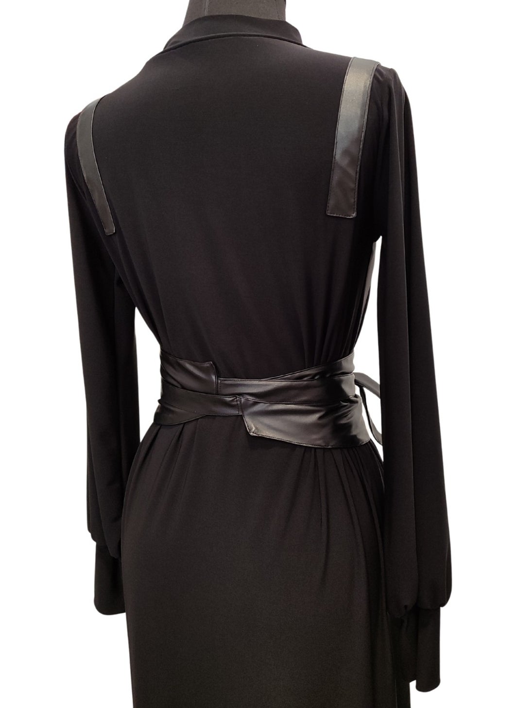 Due Stelle Black Asymmetric Gothic Dress - Long Sleeves, Long Corset Belt Detail  - Image 3