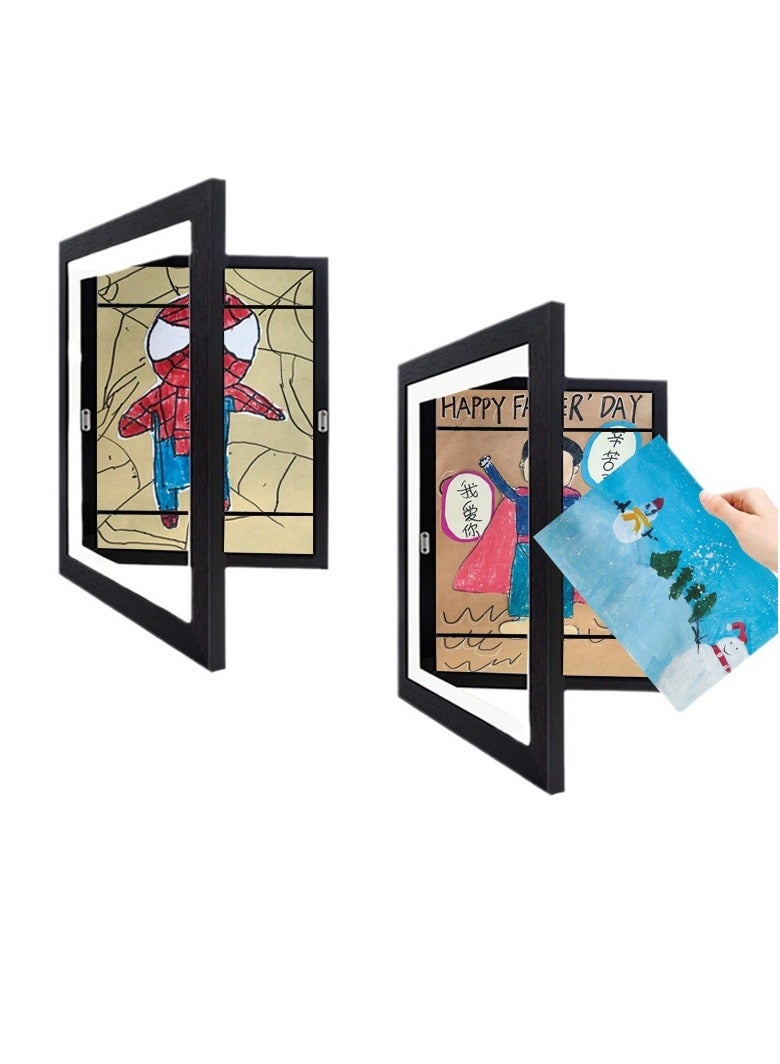 2Pcs Kids Art Frames Wooden Kid Artwork Drawings Storage Organizer A4 Magnetic Flip Cover Home Picture Painting Wall Art Frame  - Image 1