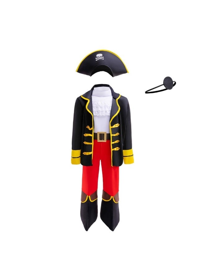 xppier Kids Boys Pirate Captain Halloween Costume Outfit Set (Hat, Jacket, Belt, Pants, Boots Covers and Eye Patch), Size M, Age 5-7 - Image 1