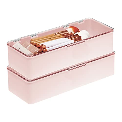 mDesign Long Plastic Cosmetic Storage Organizer Box Containers with Hinged Lid for Bedroom Bathroom Vanity Shelf or Cabinet Holds Masks Palettes Lotion or Nail Polish 2 Pack Light PinkClear