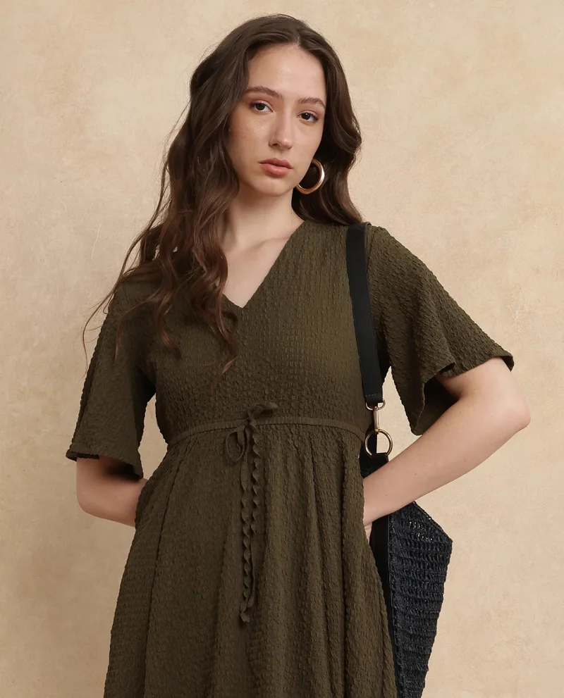 Rareism Women's Plain Textured A-Line Midi Dress