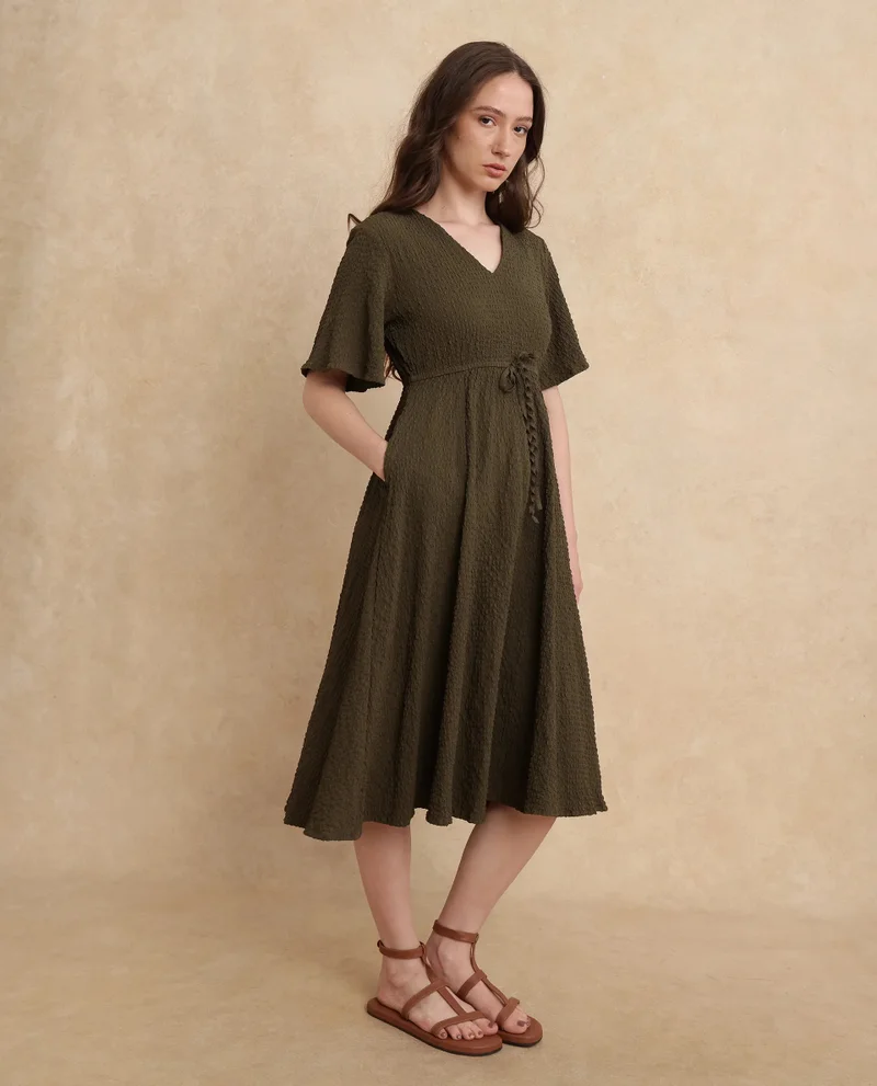 Rareism Women's Plain Textured A-Line Midi Dress