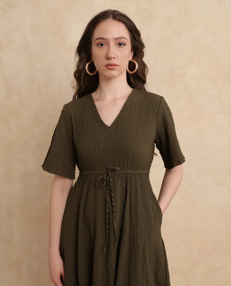 Rareism Women's Plain Textured A-Line Midi Dress