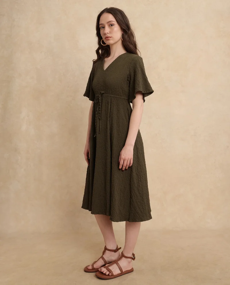 Rareism Women's Plain Textured A-Line Midi Dress