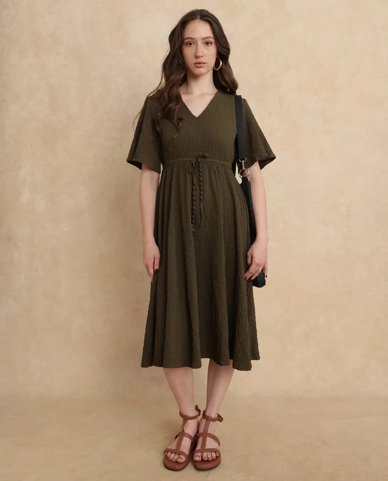 Rareism Women's Plain Textured A-Line Midi Dress