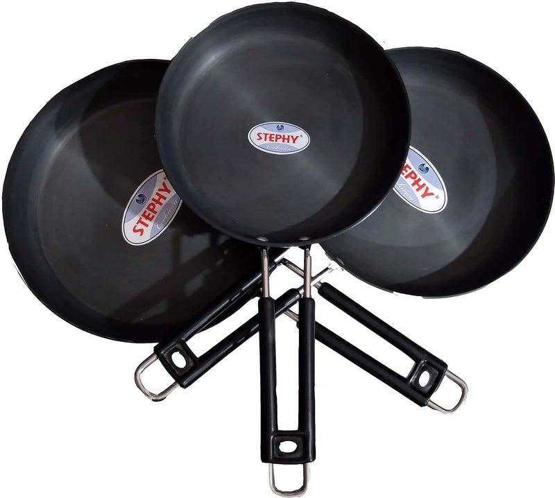 Stephy Hard Anodised Plain Fry pan1 LTR 14 LTR 18 LTR 19cm 21cm 23 cm Pack of 3 with Stainless Black Bakelight Handle - Image 1