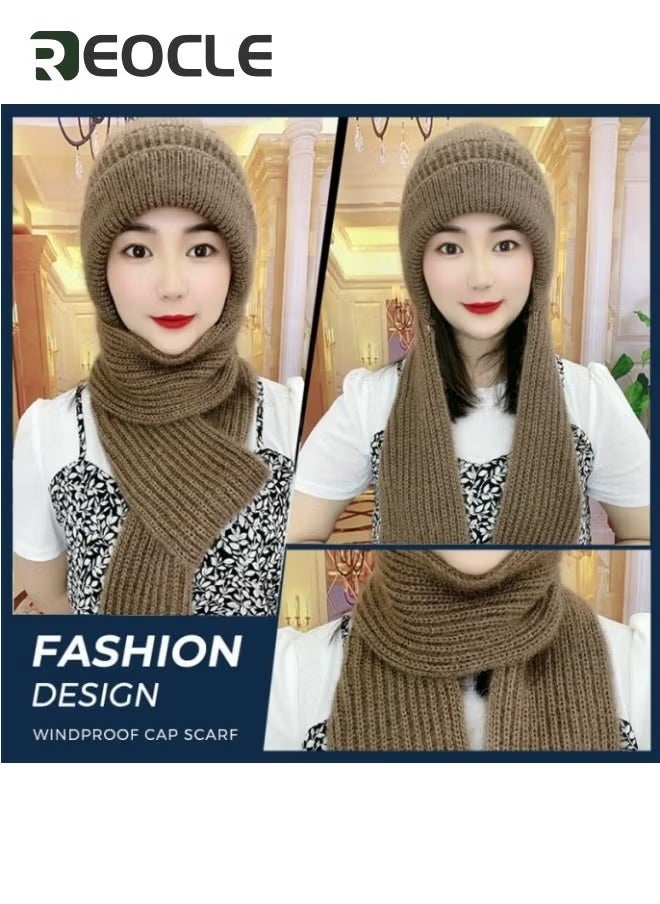 REOCLE Integrated Ear Protection Windproof Hat Scarf Autumn Winter Hat Scarf Squirrel Velvet Wind Snow Hat Plus Fleece Beanie Plus Fleece Ear Protection Knitted Hat  - Image 4