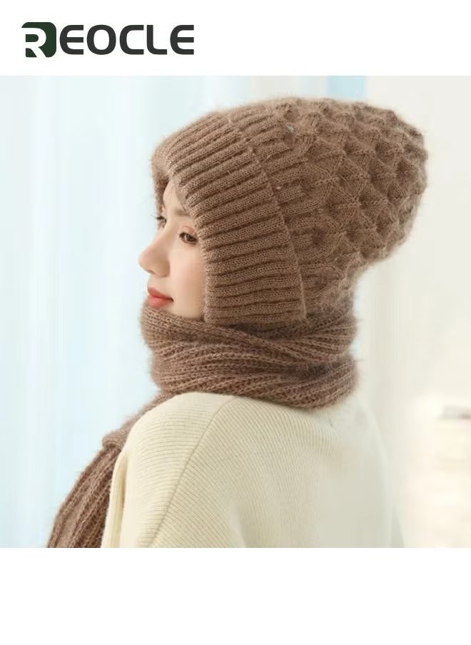 REOCLE Integrated Ear Protection Windproof Hat Scarf Autumn Winter Hat Scarf Squirrel Velvet Wind Snow Hat Plus Fleece Beanie Plus Fleece Ear Protection Knitted Hat  - Image 2
