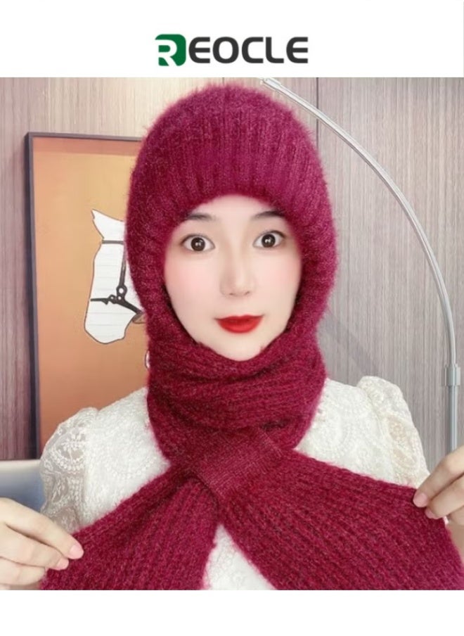 REOCLE Integrated Ear Protection Windproof Hat Scarf Autumn Winter Hat Scarf Squirrel Velvet Wind Snow Hat Plus Fleece Beanie Plus Fleece Ear Protection Knitted Hat  - Image 1