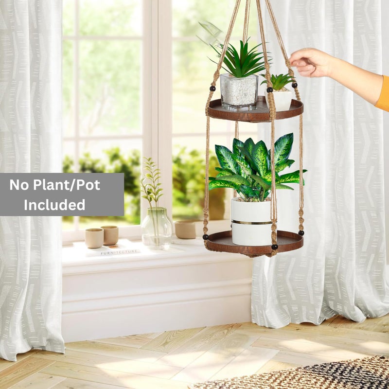 Shineloha 2 Tier Macrame Plant Hanger | Plant Hanger Indoor, Hanging Planter | Hanging Planter Shelf (Jute) (Large, 12" Shelf) - Image 5