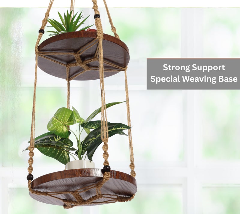 Shineloha 2 Tier Macrame Plant Hanger | Plant Hanger Indoor, Hanging Planter | Hanging Planter Shelf (Jute) (Large, 12" Shelf) - Image 1