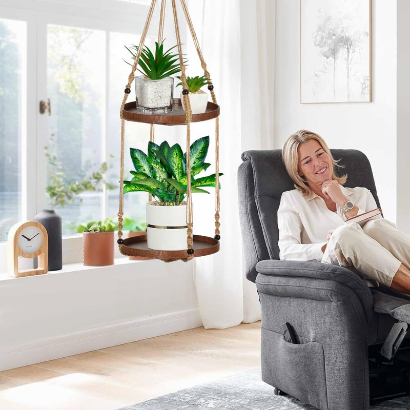 Shineloha 2 Tier Macrame Plant Hanger | Plant Hanger Indoor, Hanging Planter | Hanging Planter Shelf (Jute) (Large, 12" Shelf) - Image 4