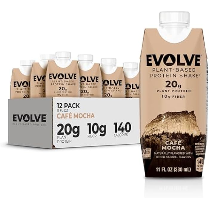 Evolve Plant Based Protein Shake, Café Mocha, 20g Vegan Protein, Dairy Free, No Artificial Sweeteners, Non-GMO, 10g Fiber, 11oz, (12 Pack) (Formula May Vary) - Image 1