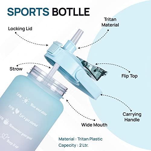 SKYTONE® Water Bottle For Office, Gym, Travel, Sports Leakproof 2 Liter Bottle With BPA-Free Plastic Included Silicone Pipe (Purple) (Green) - Image 2