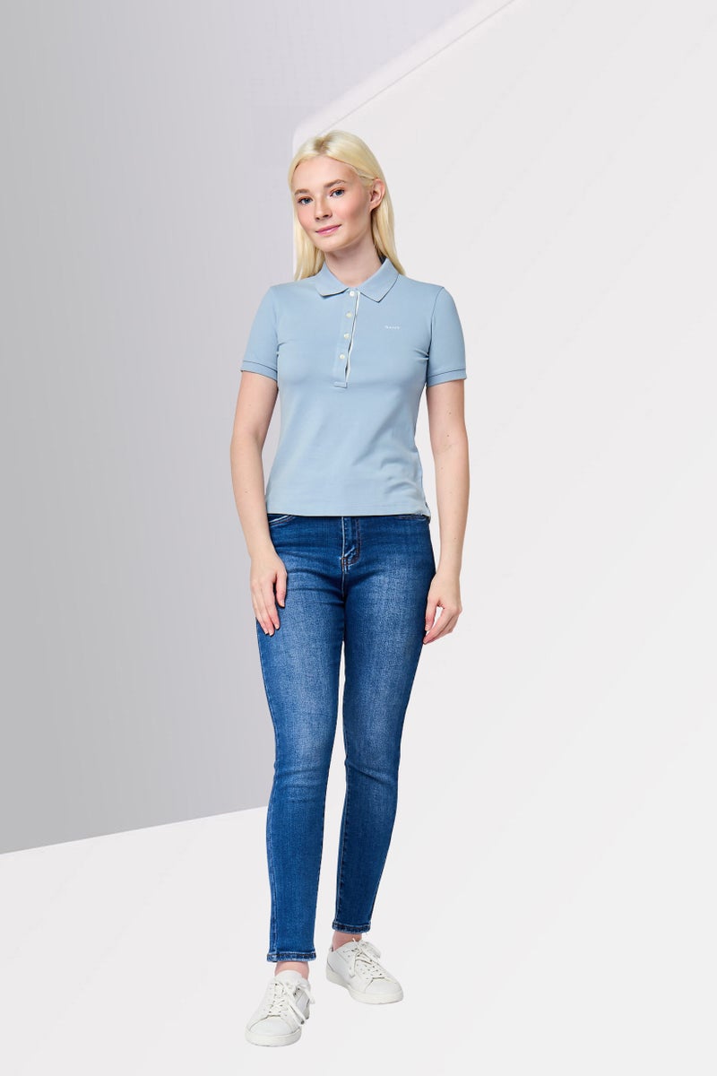 GANT Women Embroidered Logo Short Sleeve Polo Shirt, Dusty Blue - Image 2