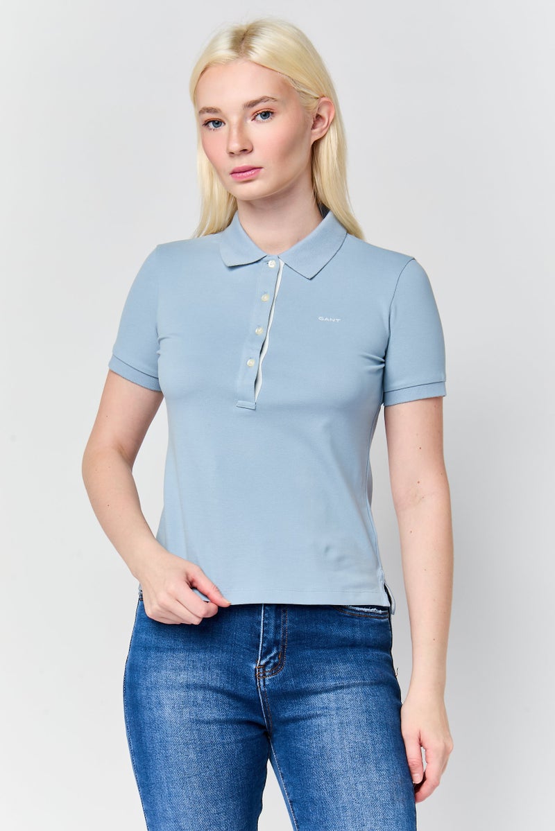 GANT Women Embroidered Logo Short Sleeve Polo Shirt, Dusty Blue - Image 1