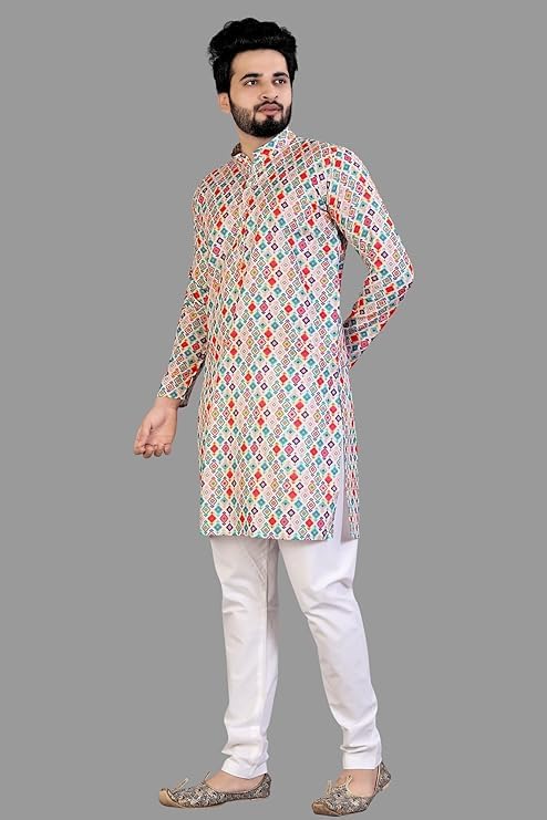 LookMark Men's Cotton Blend Printed Long Kurta Suitable for All Indian Wedding, Occasions, and Festivals (AZ-LM-OG-Kurta 14-XL) Grey - Image 2